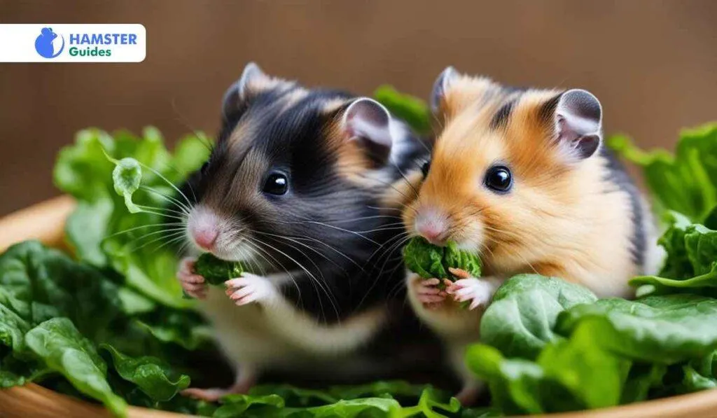 Two hamsters eating fresh spinach leaves