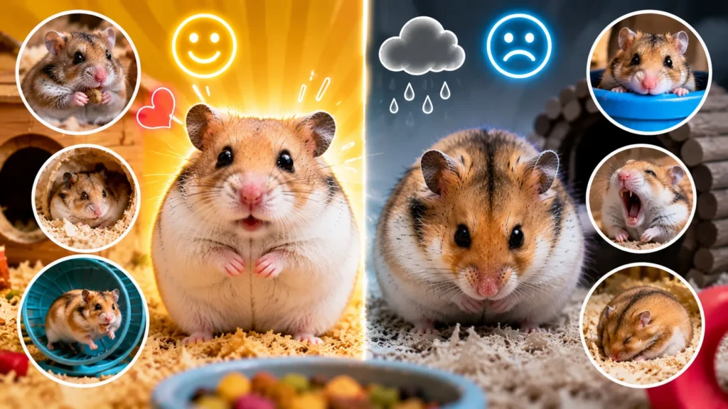 Happy hamster signs compared to unhappy hamster behaviors