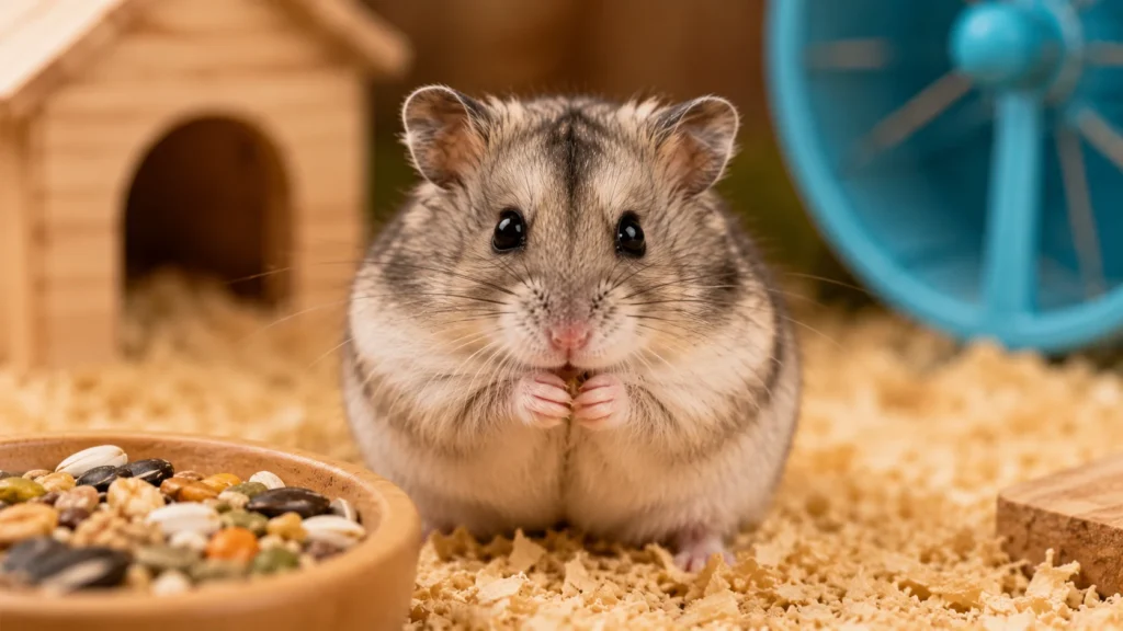 Healthy dwarf hamster sitting calmly inside its cage