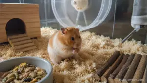 Healthy hamster signs shown by an alert hamster exploring naturally inside its enclosure.