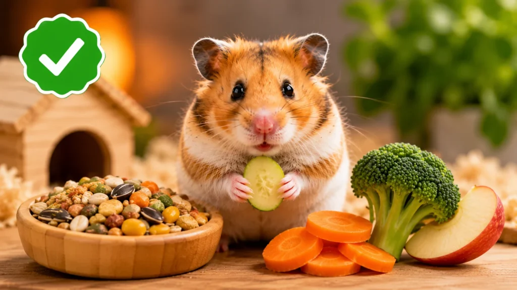 Cute hamster eating healthy treats like cucumber oats and seeds