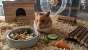Healthy treats for hamsters including cucumber, broccoli, oats, mealworms, and small fruit portions.