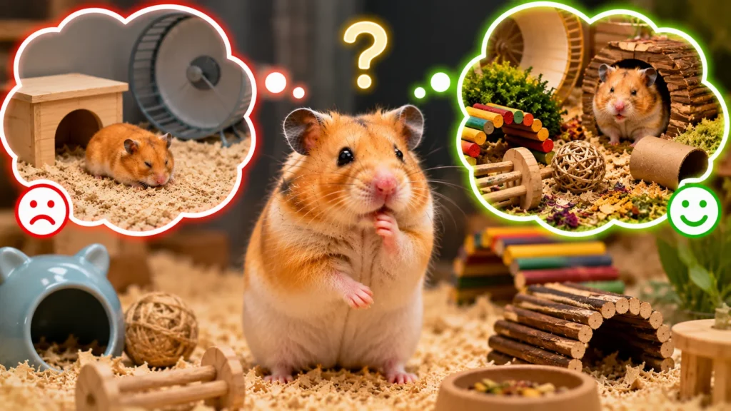 Comparison between a bored hamster enclosure and an enriched hamster habitat