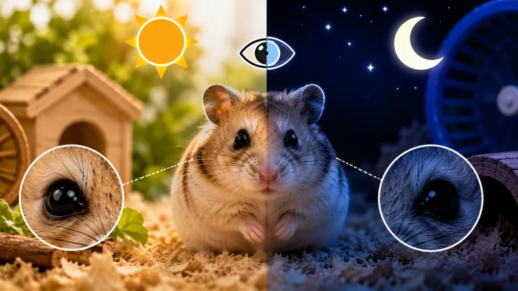 Close-up comparison of hamster eyesight in day and night conditions