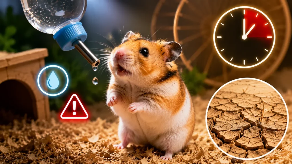 Hamster drinking water from bottle with dehydration warning signs