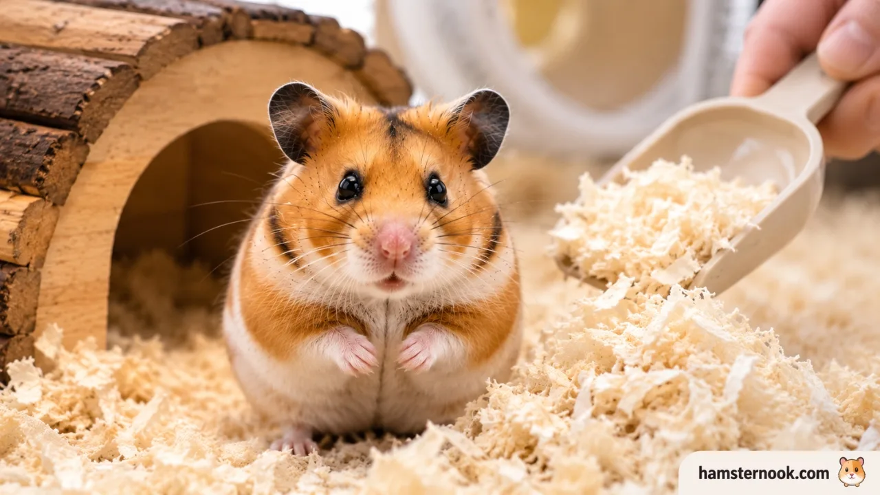 Hamster burrowing in fresh clean bedding inside a cage