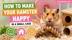 Happy hamster inside a small enriched cage with wheel and tunnels