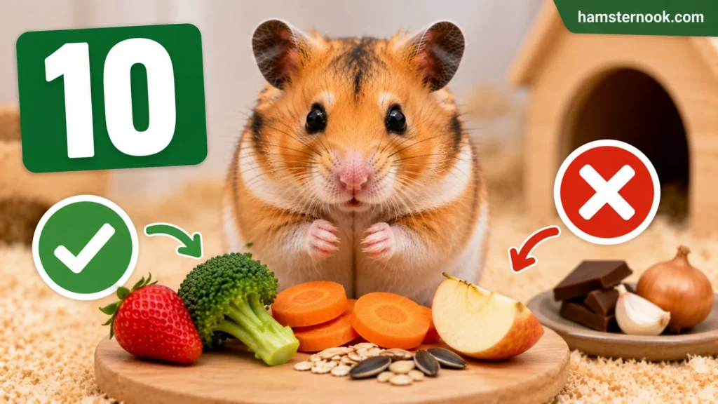 Hamster eating safe human foods including cucumber, oats, and blueberries