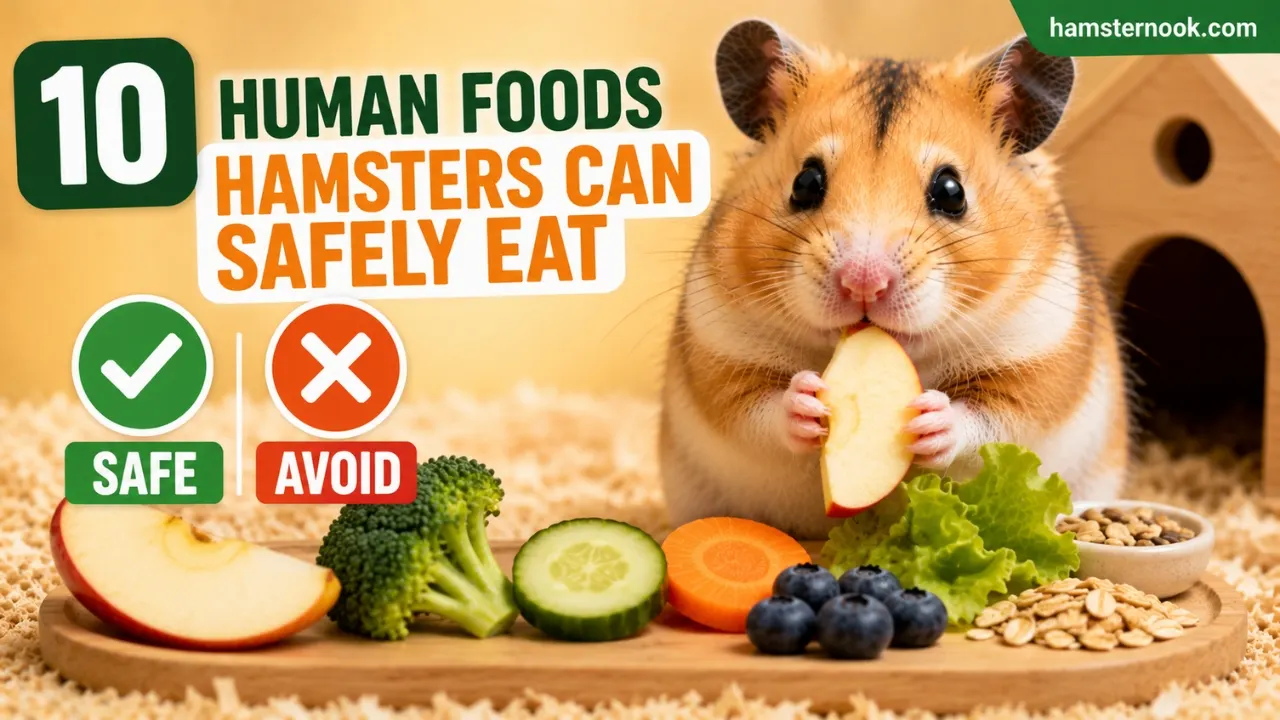 Hamster eating safe human foods including cucumber, oats, and blueberries