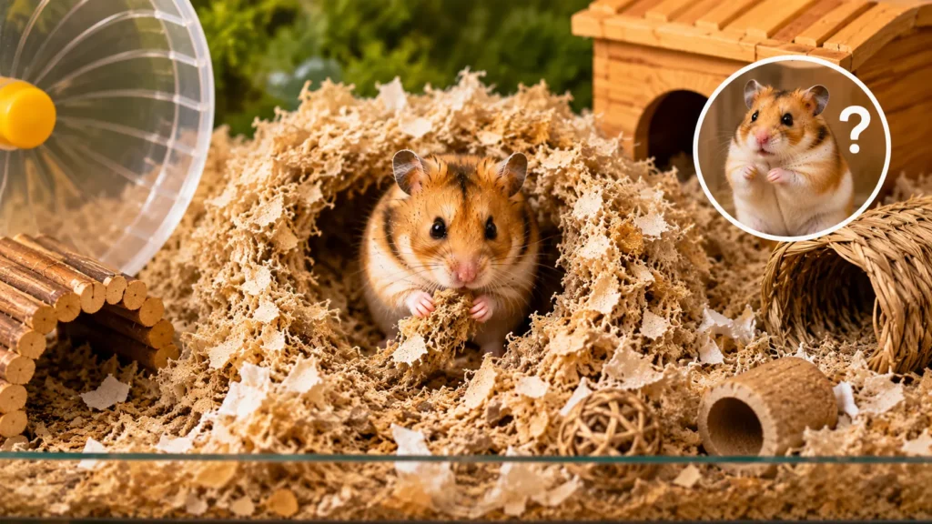 Hamster sitting inside a burrow made from deep bedding