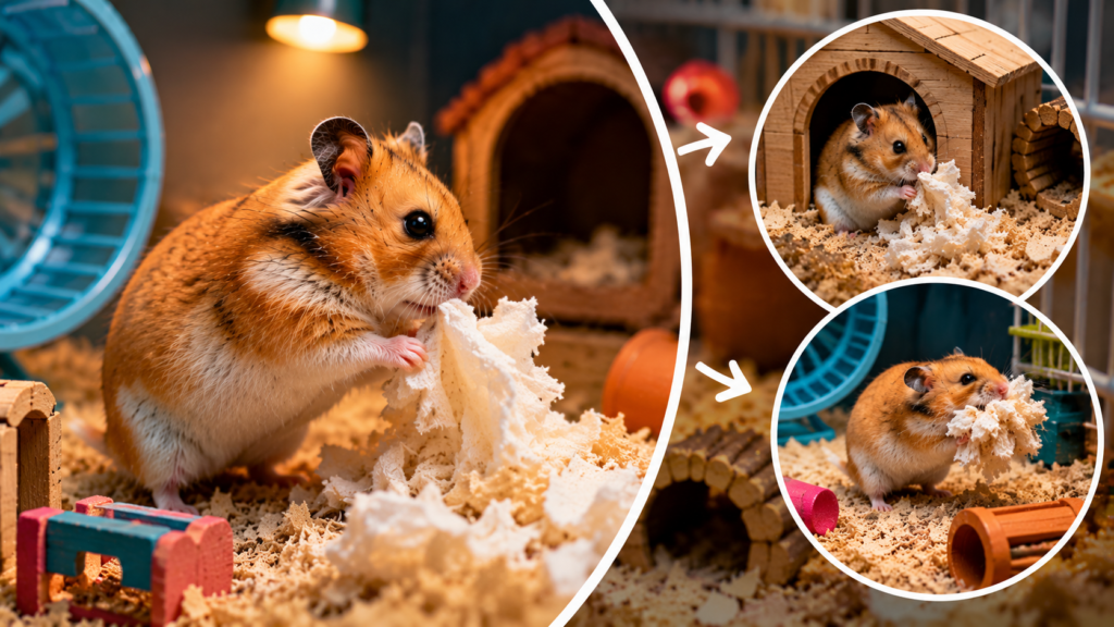 Hamster rearranging bedding and organizing its enclosure