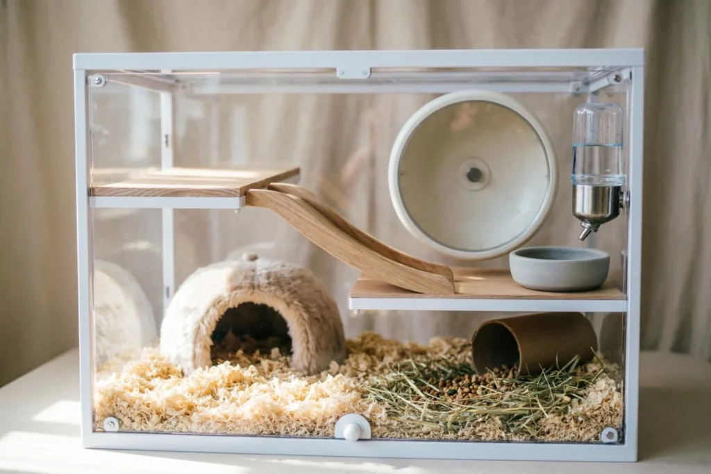 Well organized hamster cage with wheel and hideouts