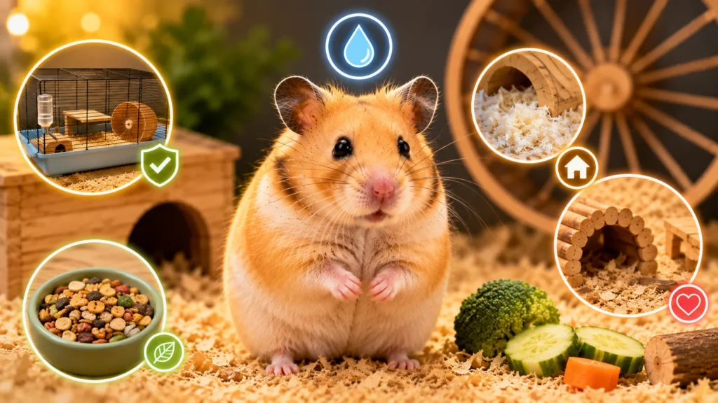 Ideal Syrian hamster cage setup with bedding, wheel, food, water bottle and hideout