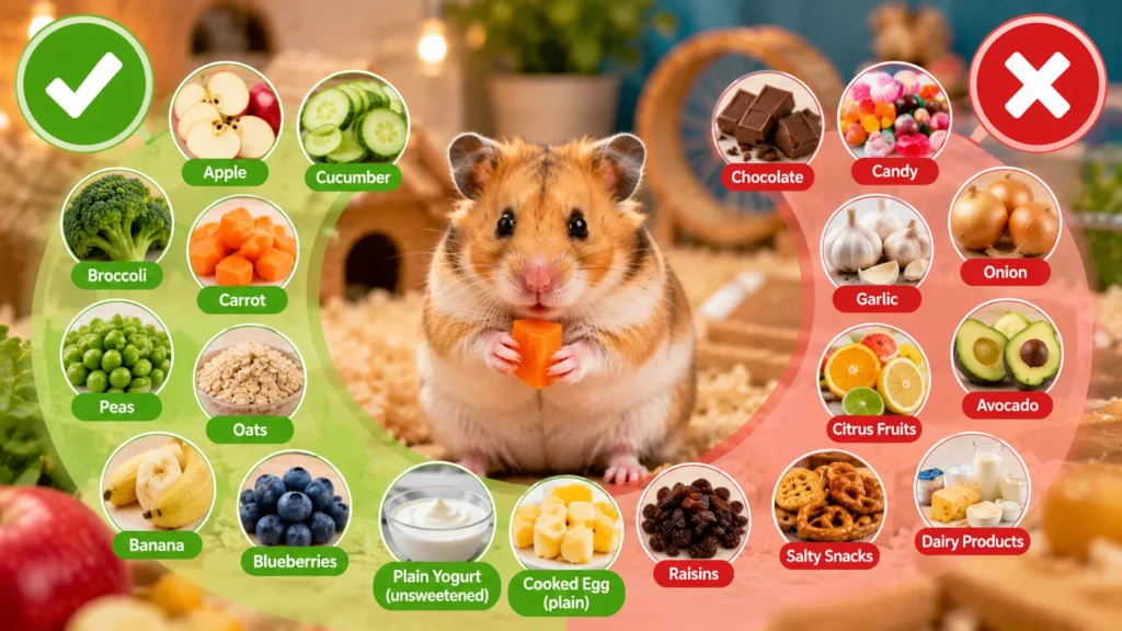 Hamster eating safe human foods including cucumber, oats, and blueberries