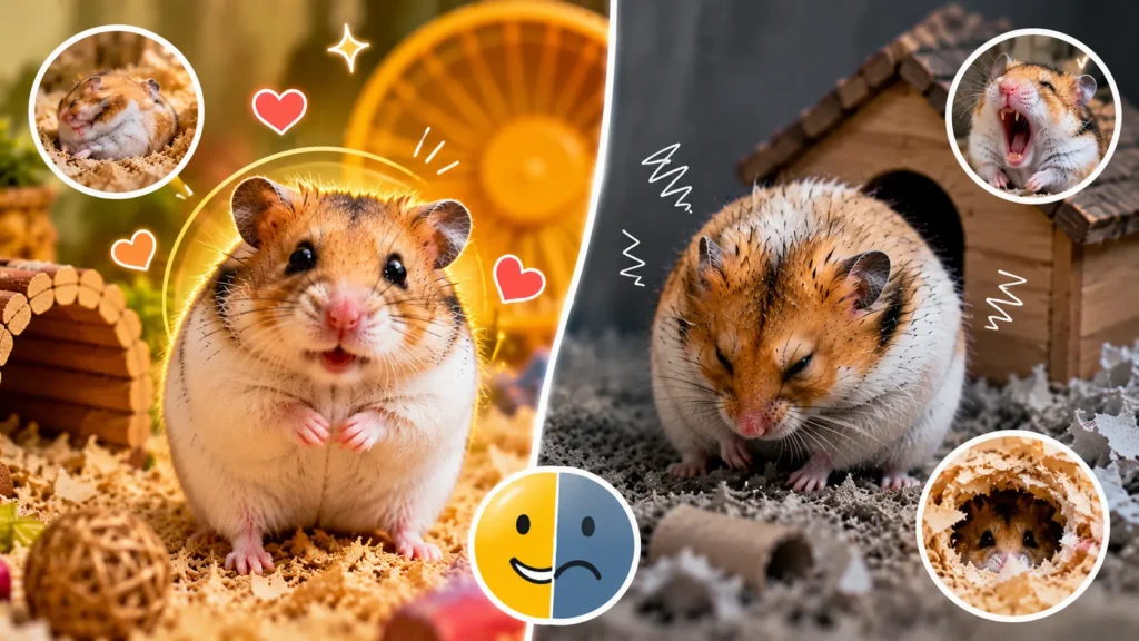 Signs of a happy hamster compared with stress-related hamster behaviors