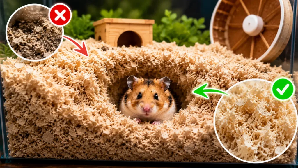 Hamster sitting inside a deep bedding tunnel showing proper burrowing depth