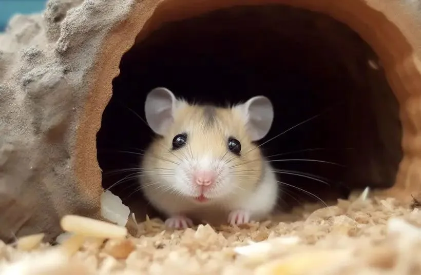 Hamster sitting safely inside a hideout tunnel