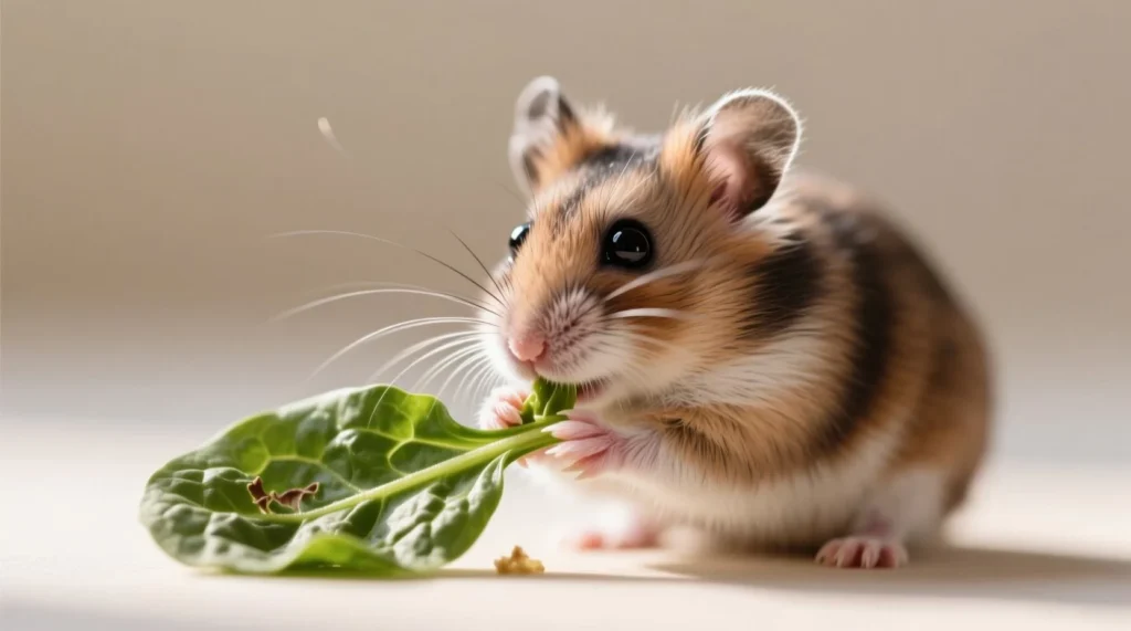 Hamster holding and eating a fresh spinach leaf