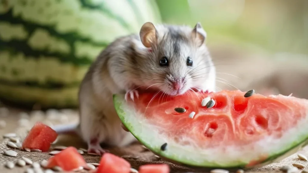 Hamster eating a small piece of watermelon safely