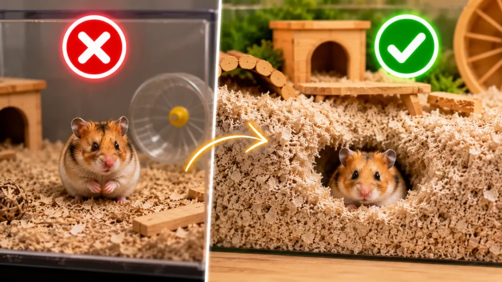 Shallow hamster bedding compared with deep burrowing-friendly bedding