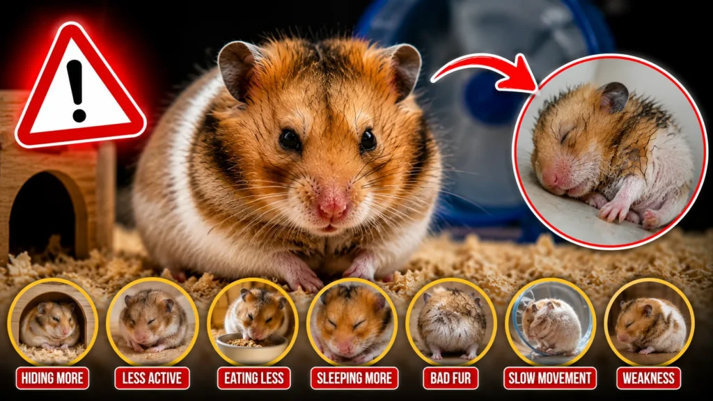 Early warning signs of a sick hamster including low energy messy fur and weakness