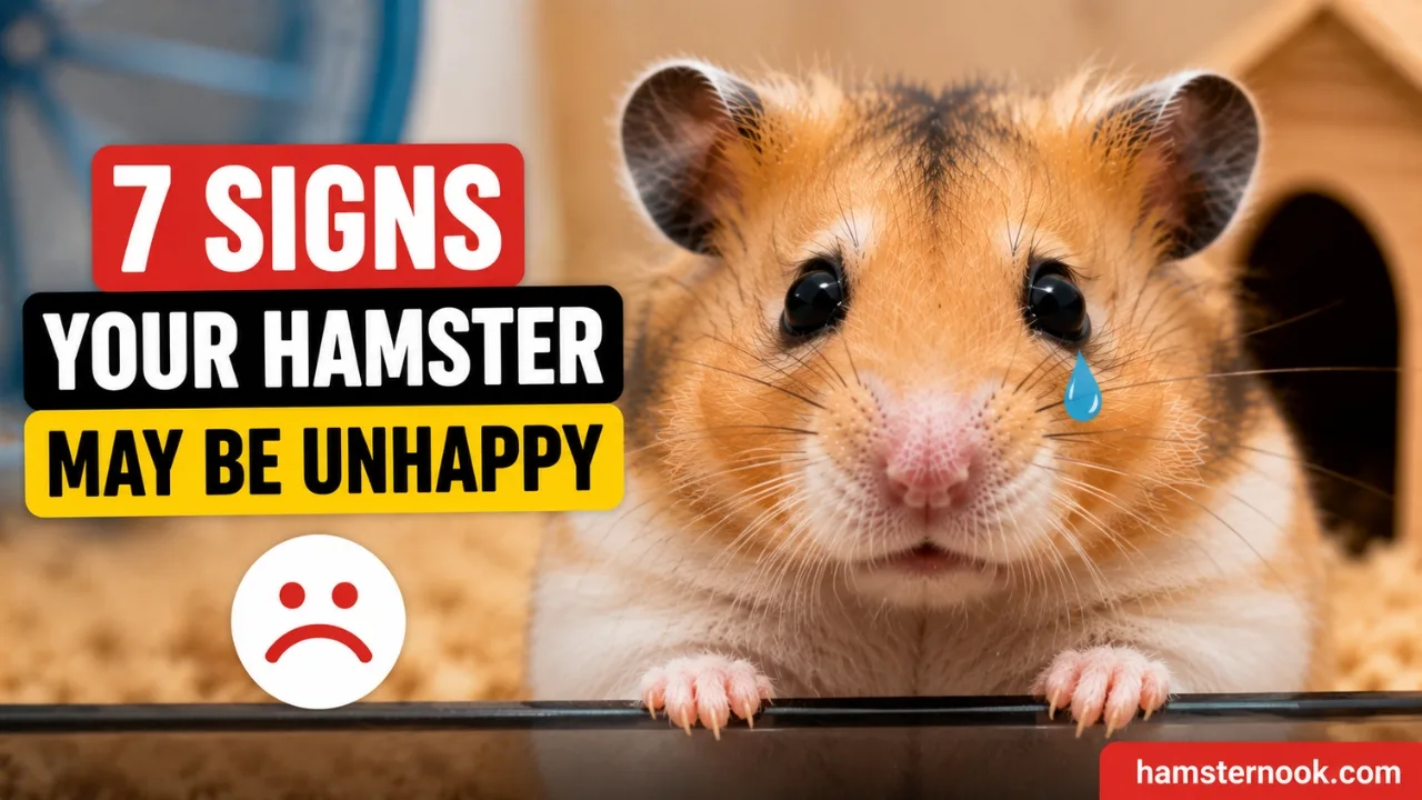 Sad stressed hamster chewing cage bars inside enclosure