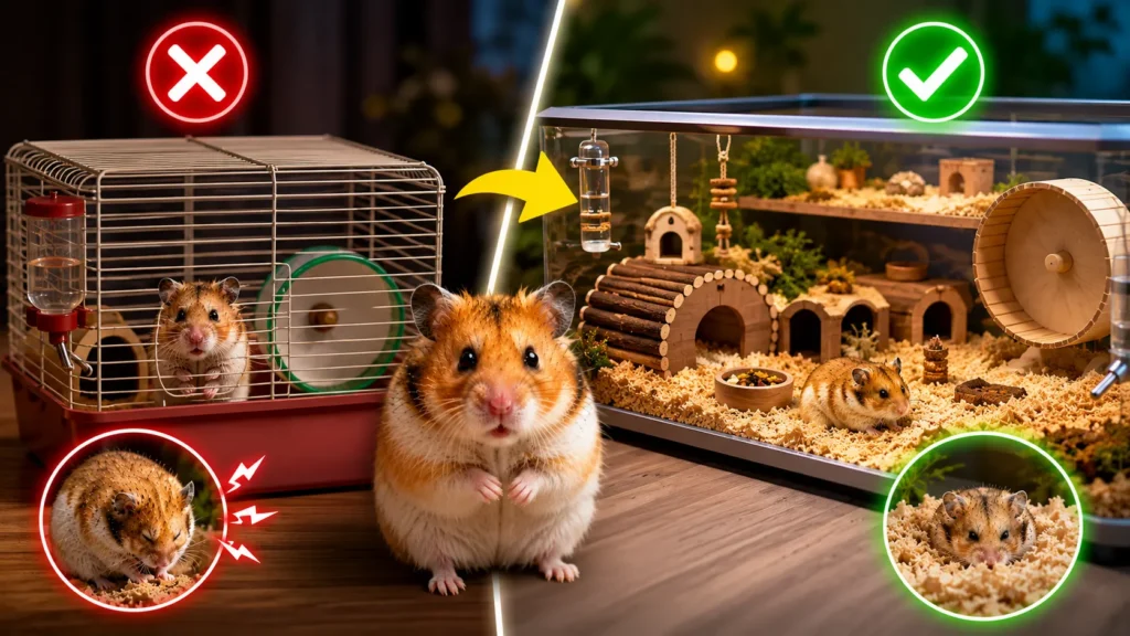 Comparison showing a hamster in a small cage versus a large properly enriched enclosure