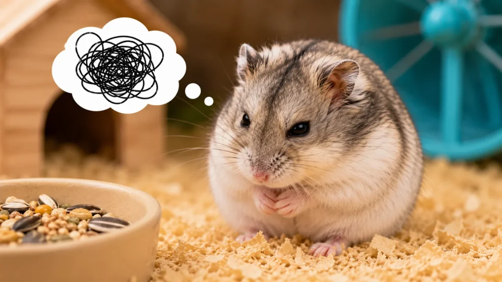 Hamster showing signs of stress and confusion inside its cage