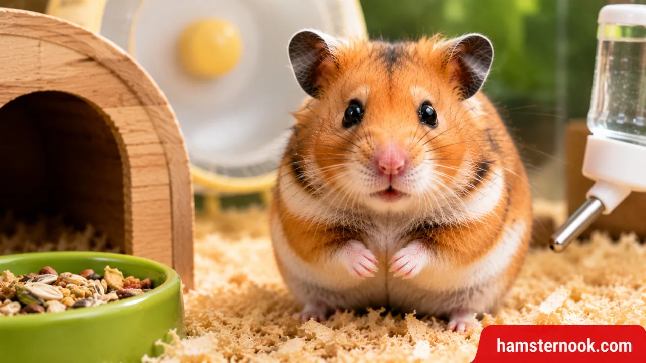 Healthy Syrian hamster sitting inside a spacious enclosure