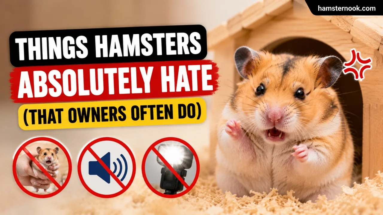 Hamster looking stressed inside a small cage with loud environment