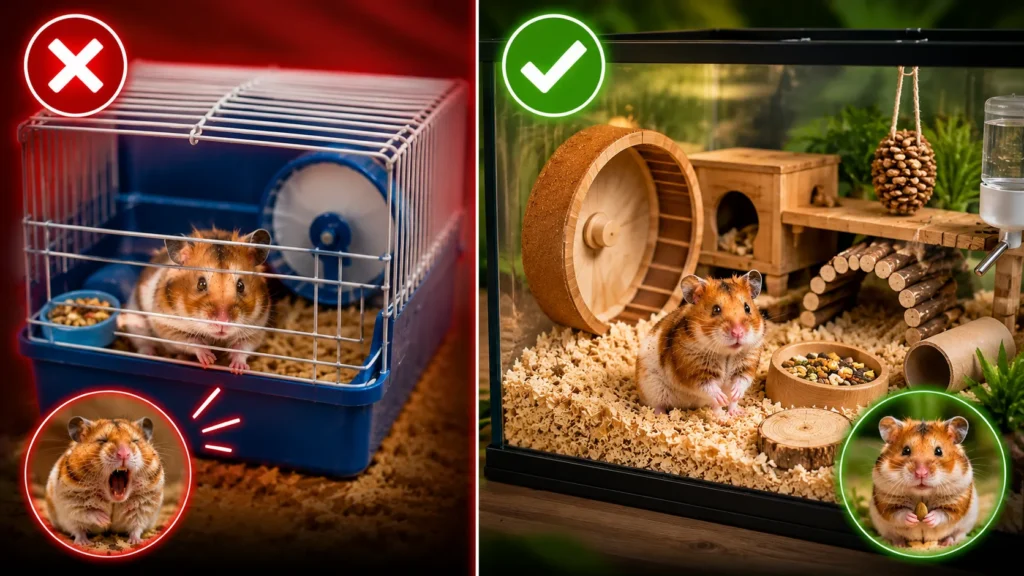Hamster moving from a small cage to a larger enriched habitat