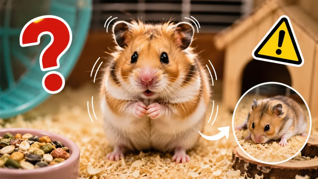 Hamster showing signs of stress or illness inside a cage