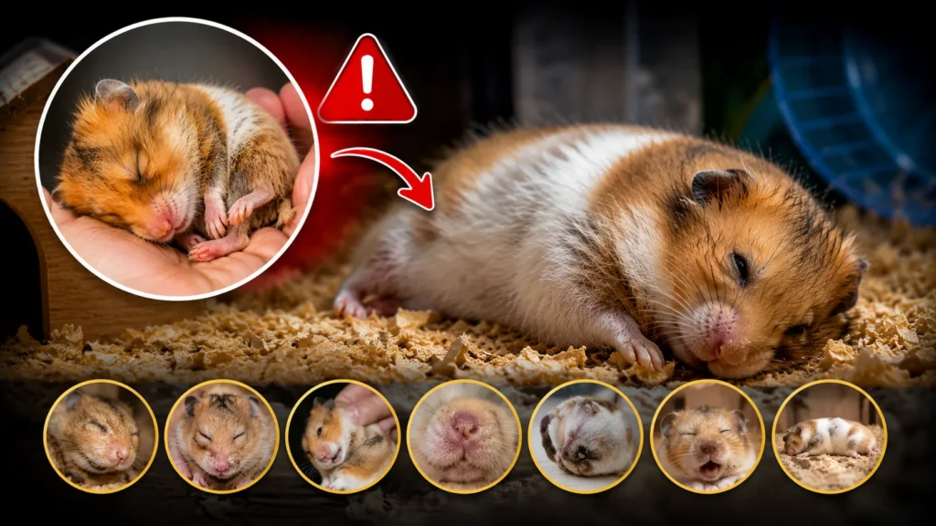 Weak hamster laying still with warning symbol inside cage