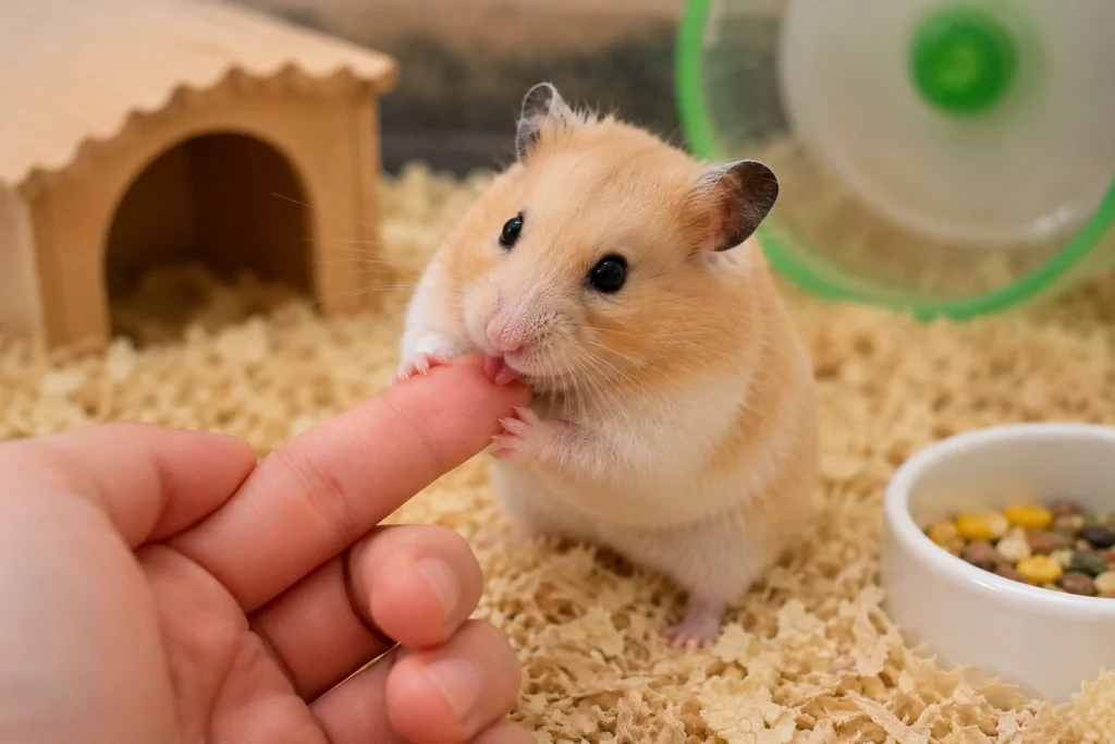 Hamster licking owner's finger during a gentle handling session