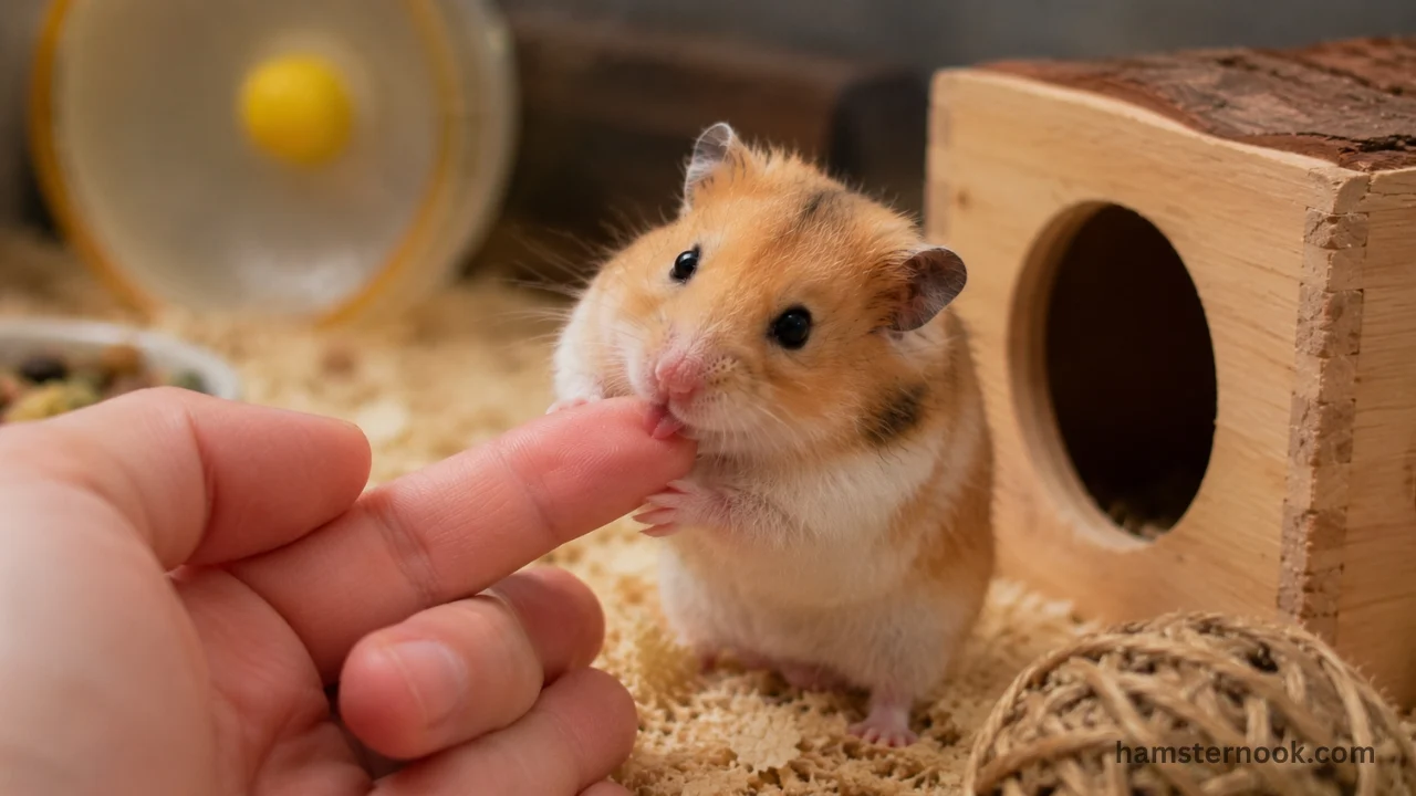 Pet hamster gently licking its owner's finger