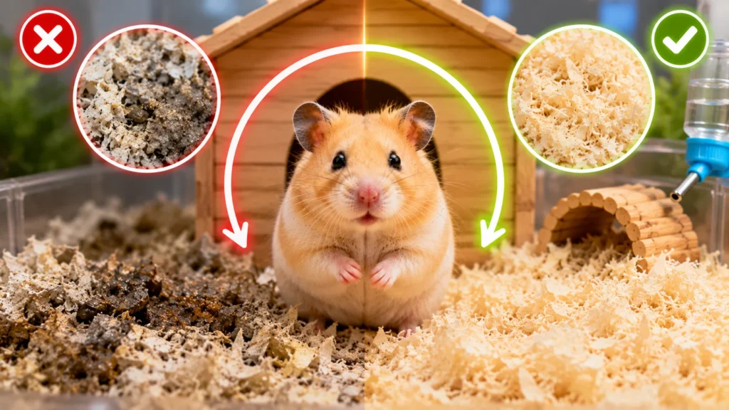 Dirty hamster bedding compared with clean fresh bedding
