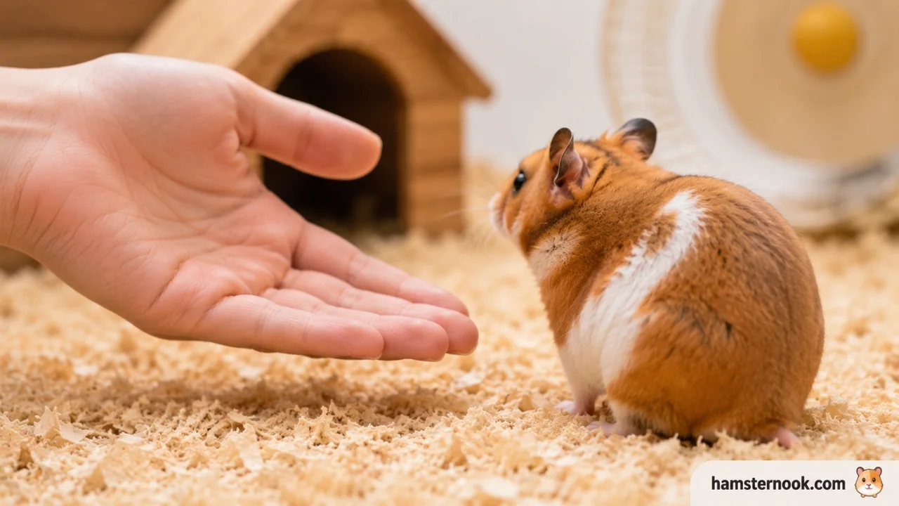 Hamster sitting in its hideout while avoiding interaction with its owner