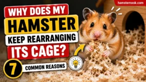 Hamster moving bedding and rearranging items inside its cage