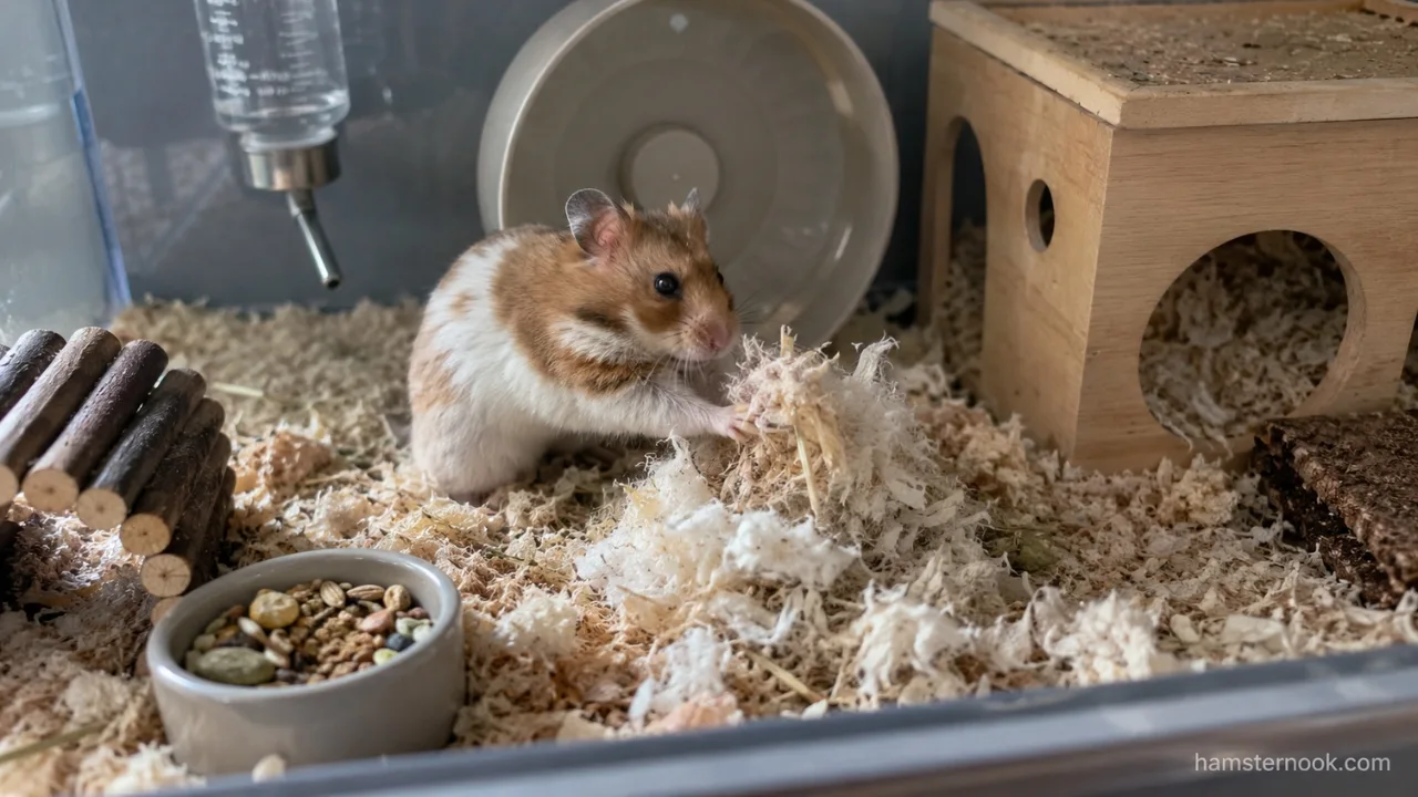 Syrian hamster moving bedding and rearranging items inside a spacious home cage.