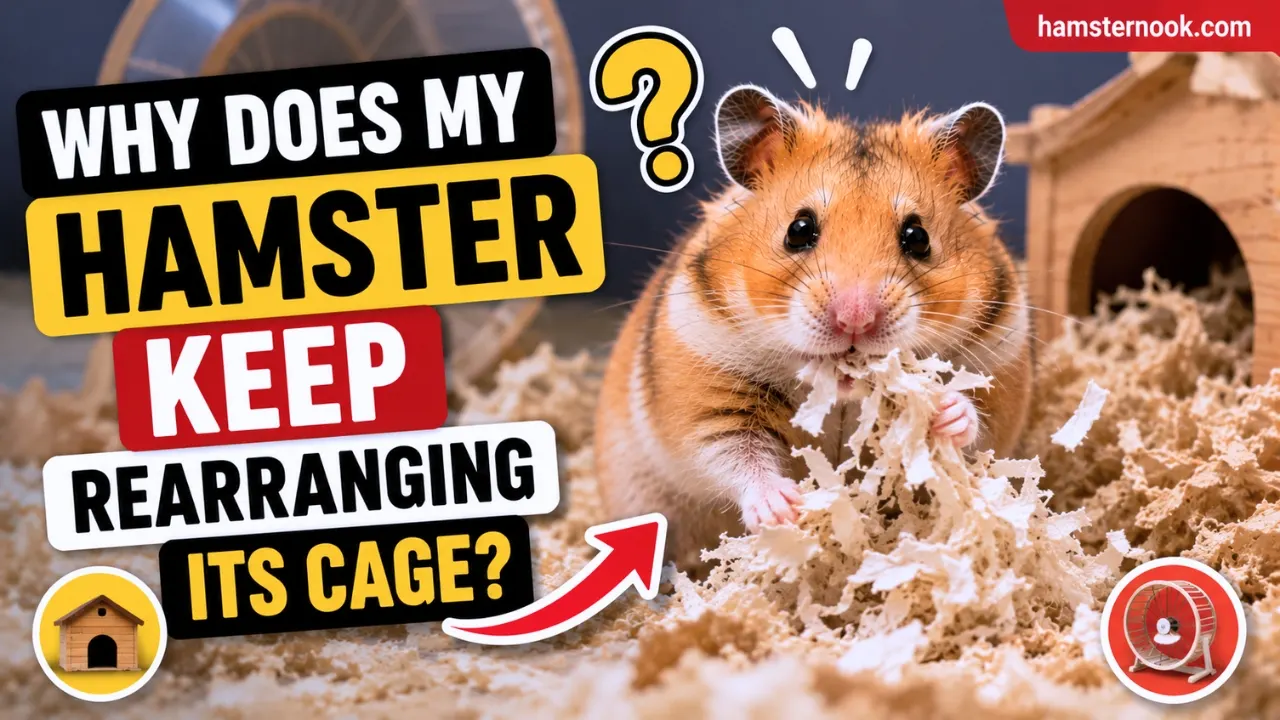 Hamster moving bedding and rearranging its cage