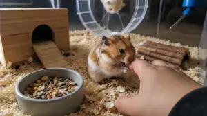 A Syrian hamster cautiously sniffing a person's hand before being handled.