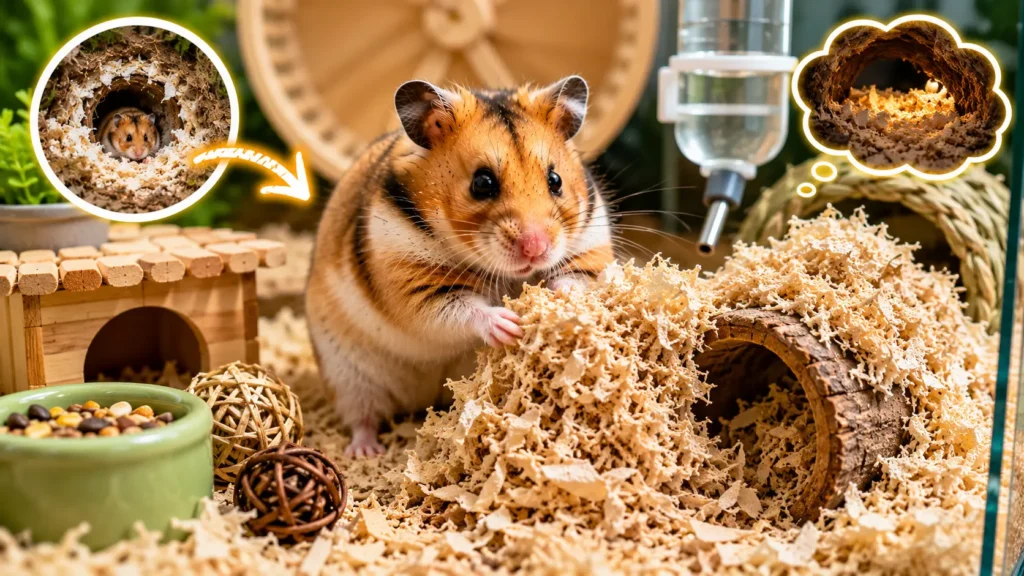 Hamster rearranging bedding while building a nest inside its enclosure