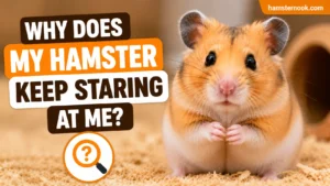 Cute hamster staring curiously at its owner inside cage