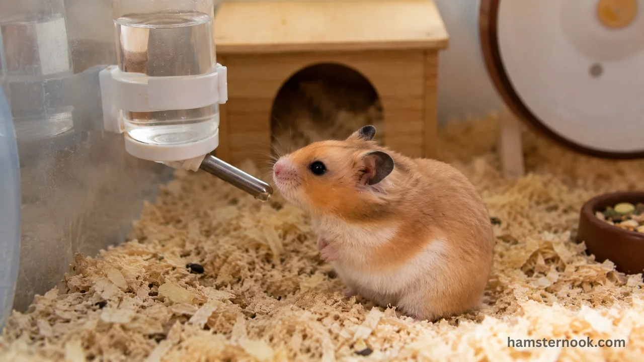 Hamster sitting beside a water bottle in its cage
