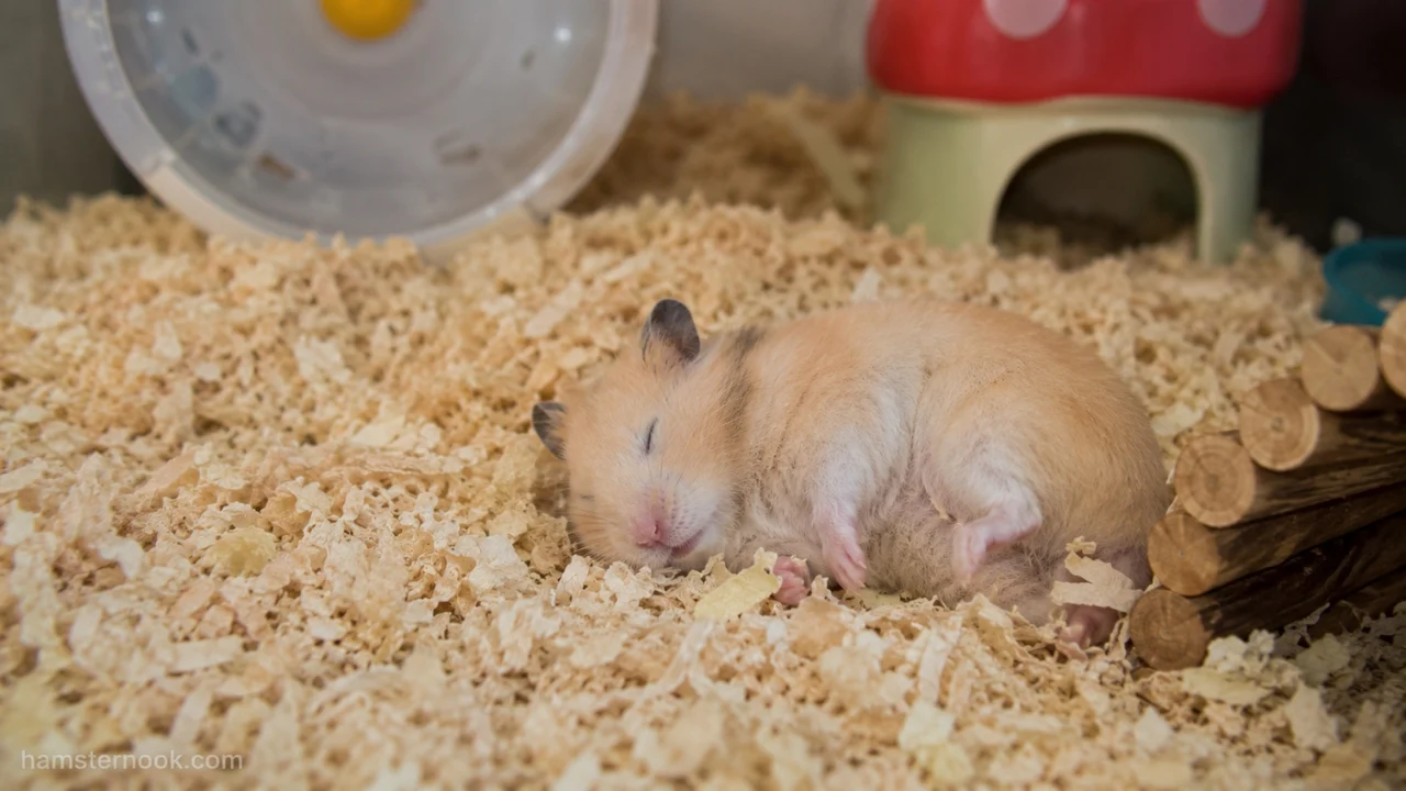 Hamster sleeping outside its house on bedding inside a cage