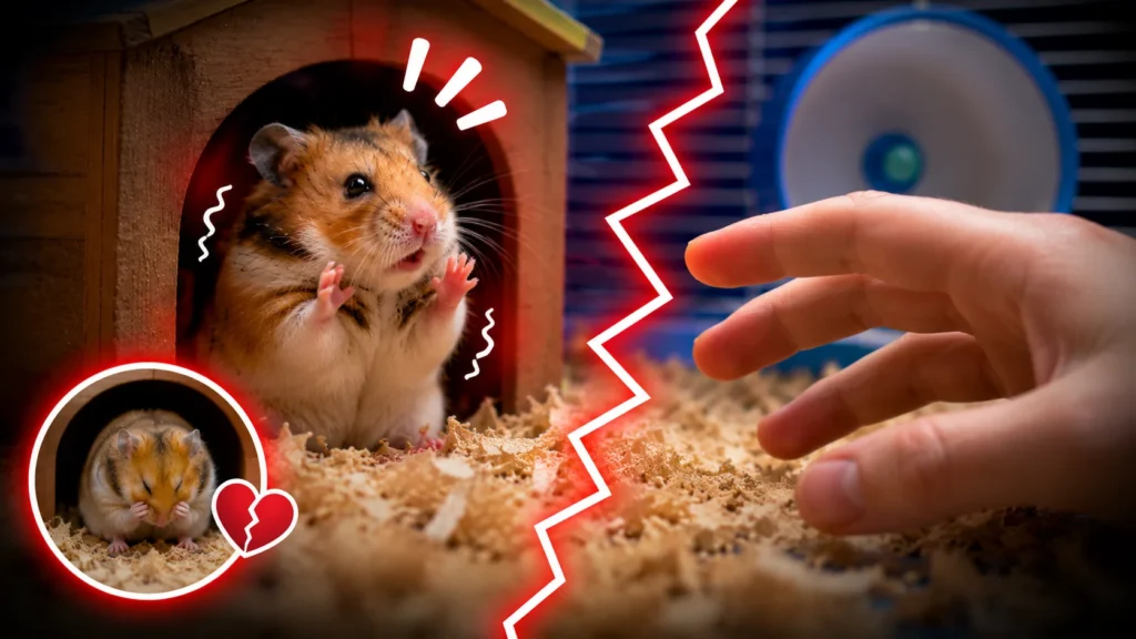 Scared hamster hiding from owner's hand due to stress or loss of trust