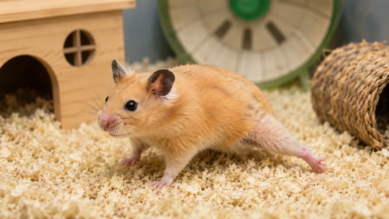 Hamster walking unsteadily while being observed for possible health issues