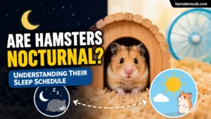 Cute hamster awake at night inside cage showing natural sleep schedule behavior