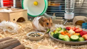 Fresh hamster-safe fruits and vegetables arranged beside a healthy Syrian hamster