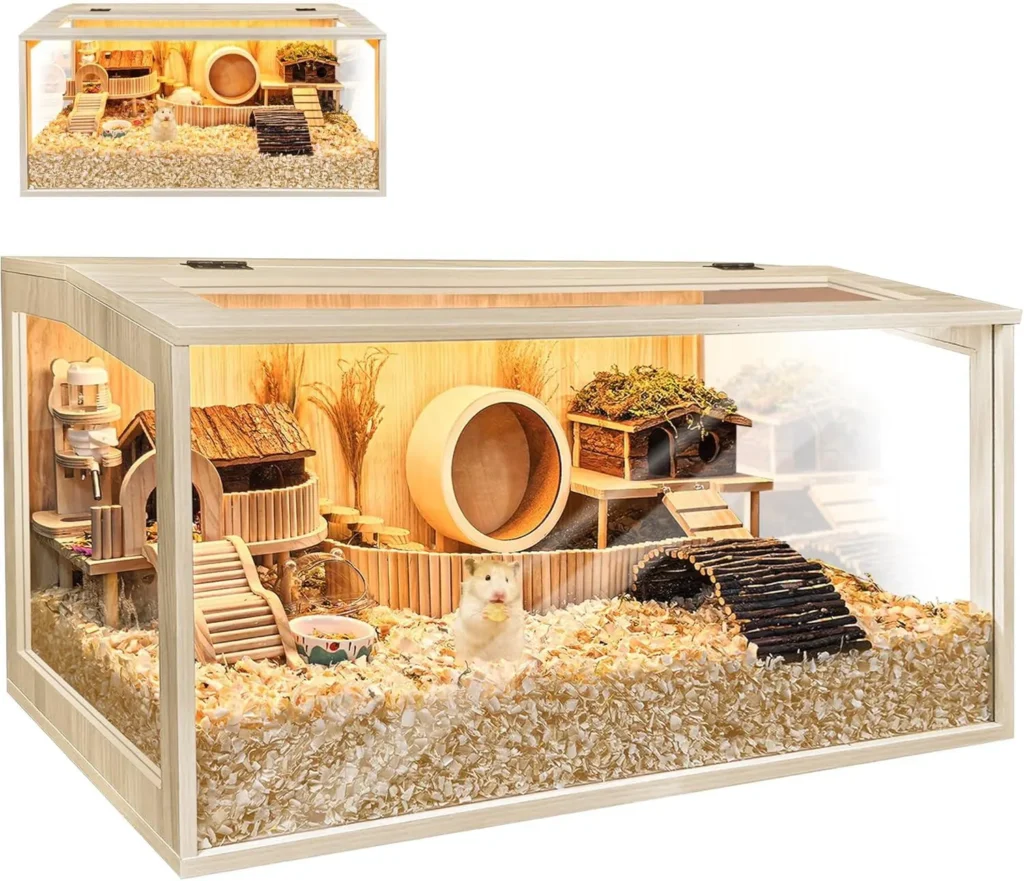 Spacious beginner-friendly hamster cage setup with deep bedding and enrichment